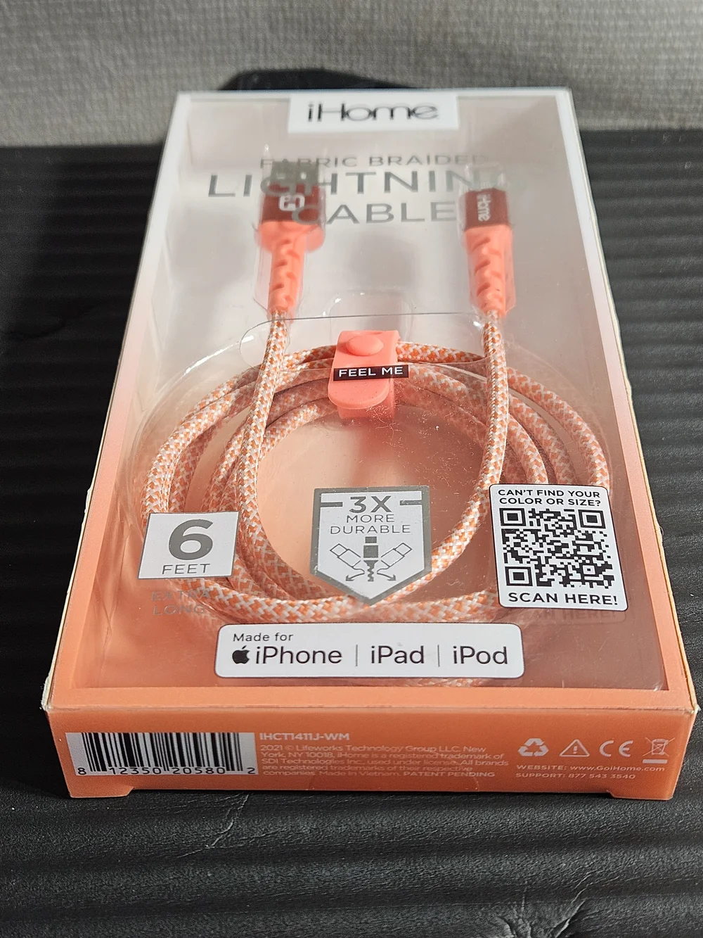 iHome 6ft Braided USB-C Charging & Sync Cable Orange Peach Fabric Braided IPhone